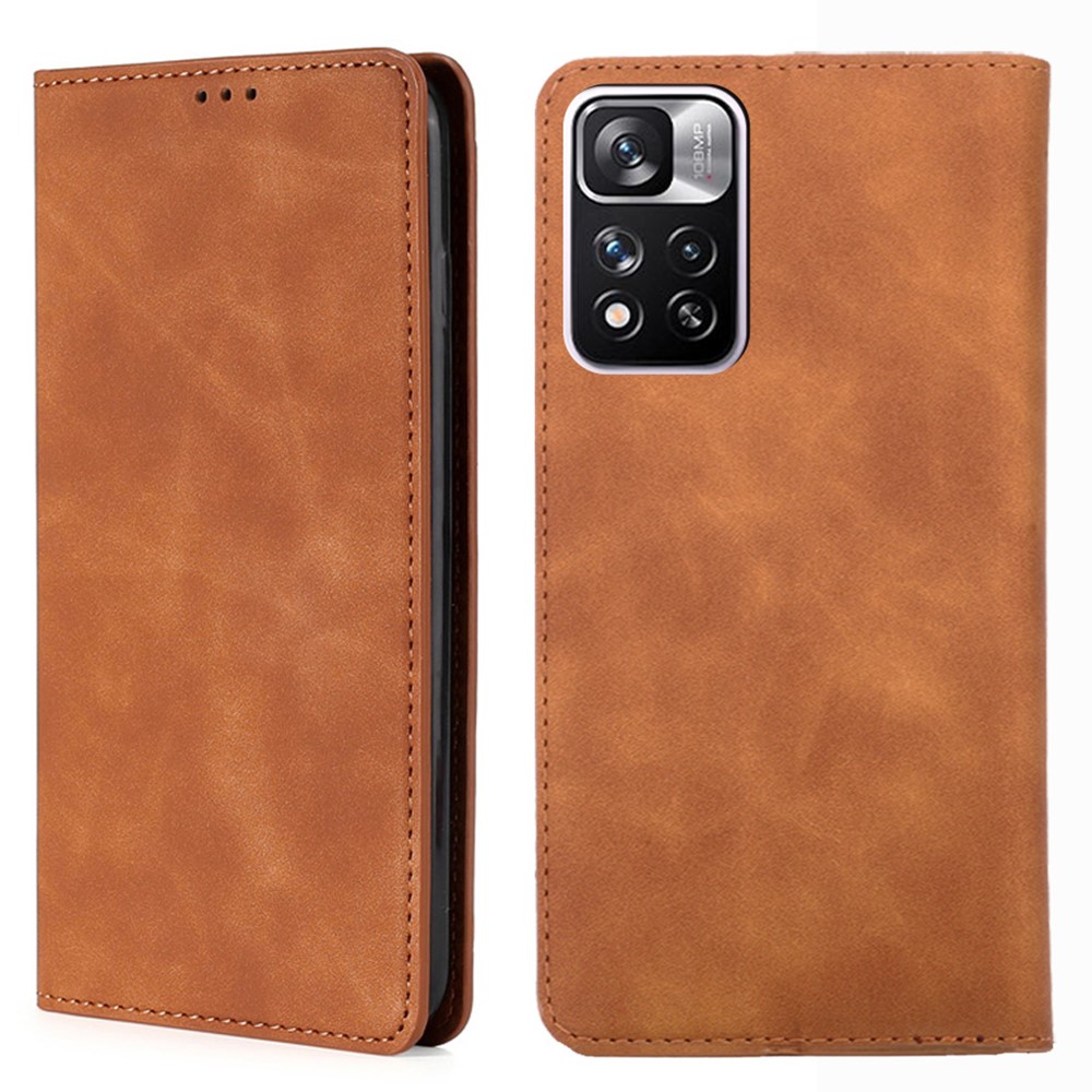 Strong Magnetic Absorption Skin-touch PU Leather Stand Folio Protective Case with Card Holders for Xiaomi Redmi Note 11 Pro - Light Brown-1