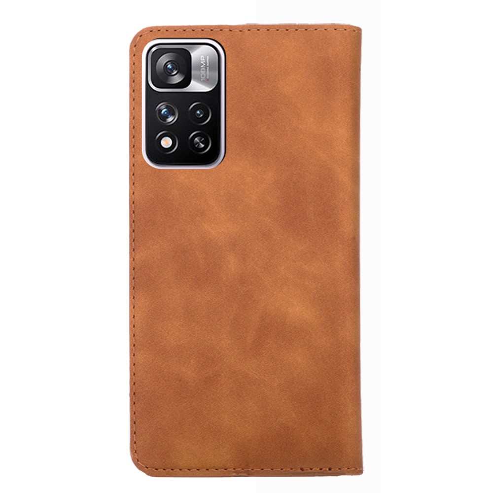 Strong Magnetic Absorption Skin-touch PU Leather Stand Folio Protective Case with Card Holders for Xiaomi Redmi Note 11 Pro - Light Brown-3