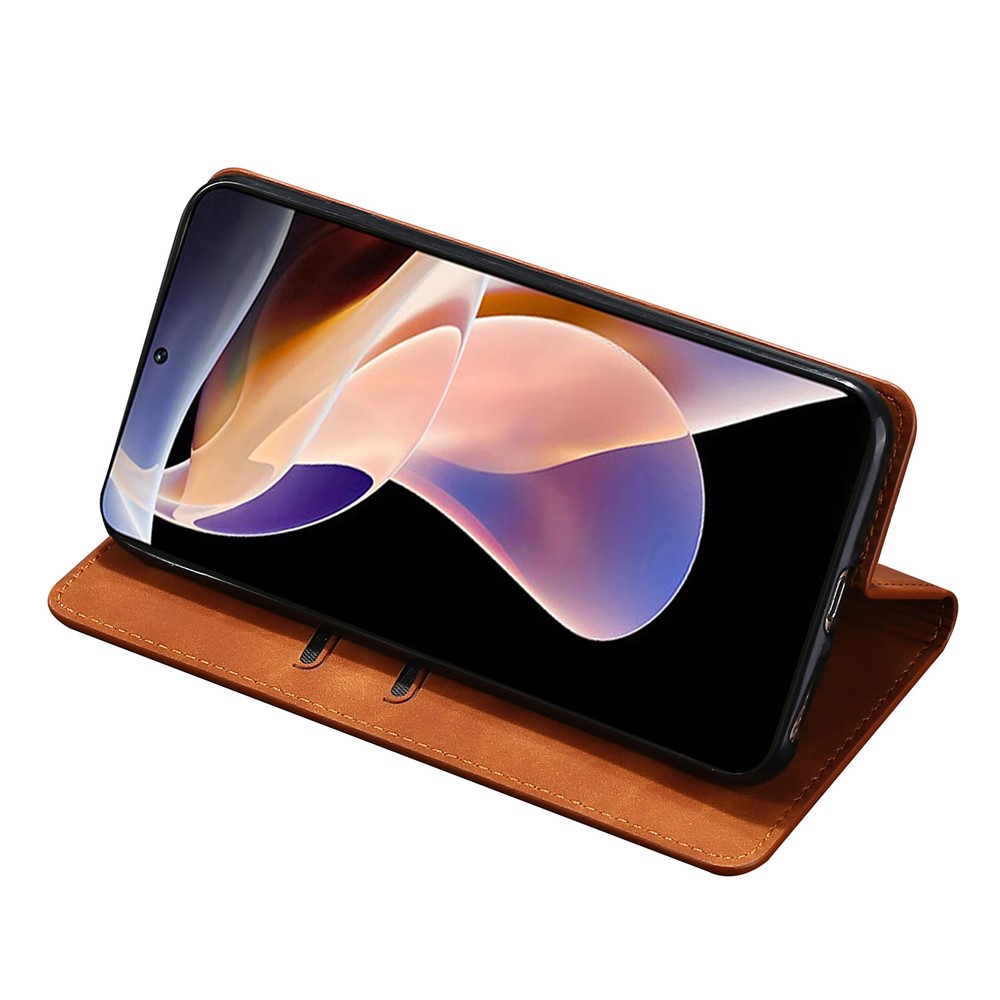 Strong Magnetic Absorption Skin-touch PU Leather Stand Folio Protective Case with Card Holders for Xiaomi Redmi Note 11 Pro - Light Brown-4
