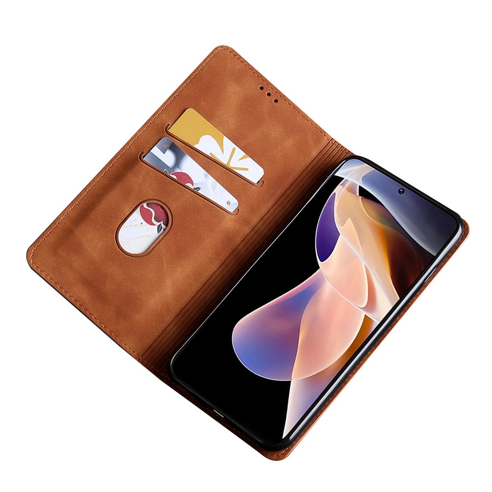 Strong Magnetic Absorption Skin-touch PU Leather Stand Folio Protective Case with Card Holders for Xiaomi Redmi Note 11 Pro - Light Brown-5