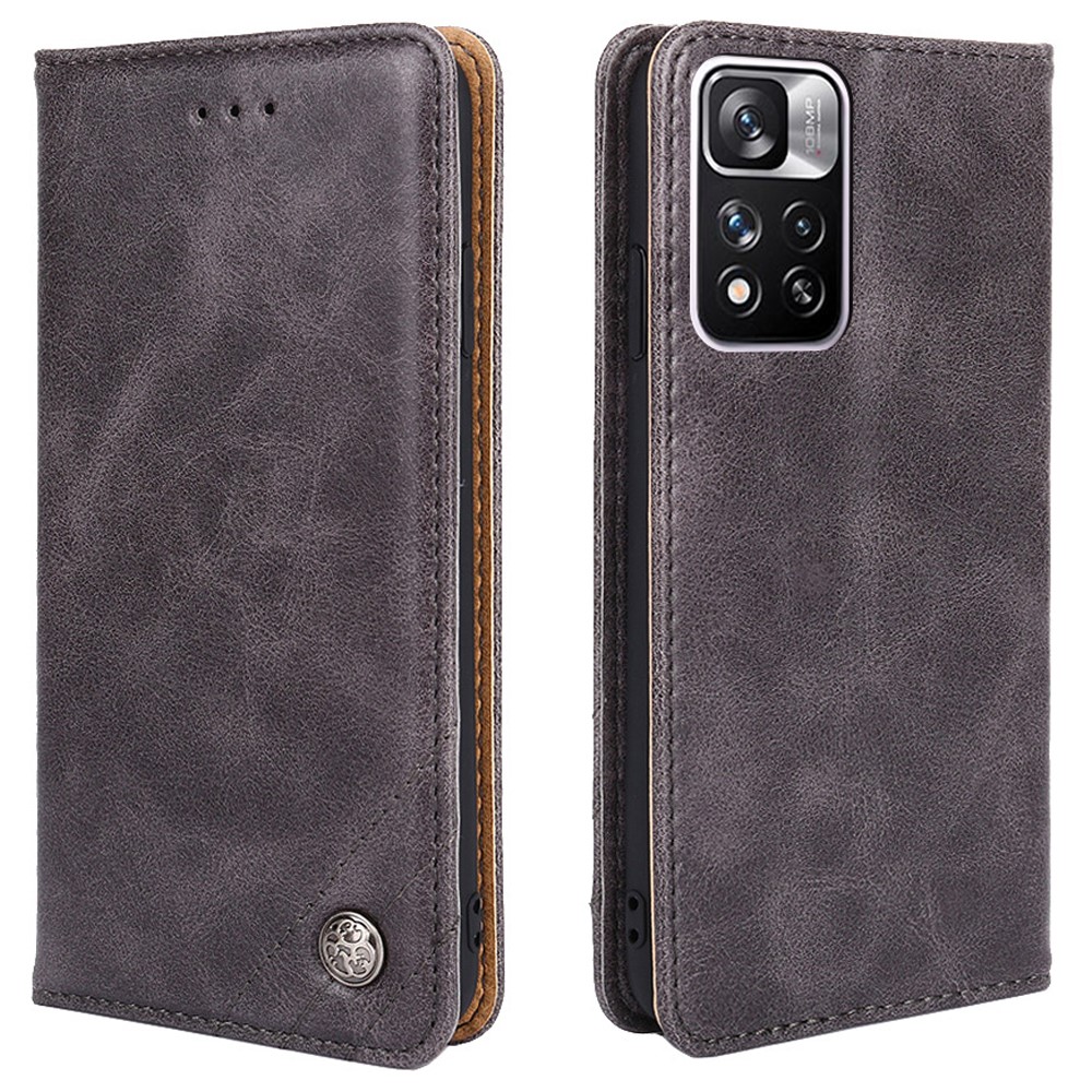 Vintage Texture Triangle Stitching Line Folio Flip Leather Phone Stand Case Wallet Shell for Xiaomi Redmi Note 11 Pro - Grey-1