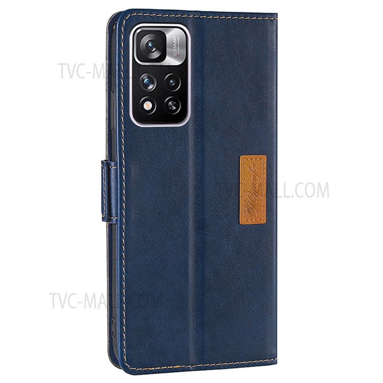 Wallet Style Contrast Color Splicing Retro Texture PU Leather Stand Flip Case for Xiaomi Redmi Note 11 Pro - Blue/Grey-3