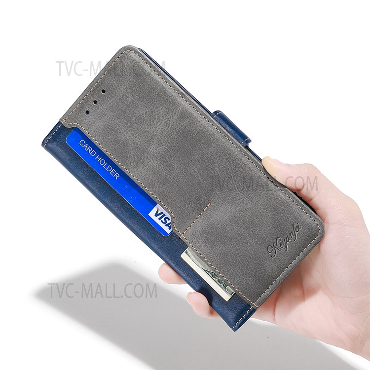 Wallet Style Contrast Color Splicing Retro Texture PU Leather Stand Flip Case for Xiaomi Redmi Note 11 Pro - Blue/Grey-6