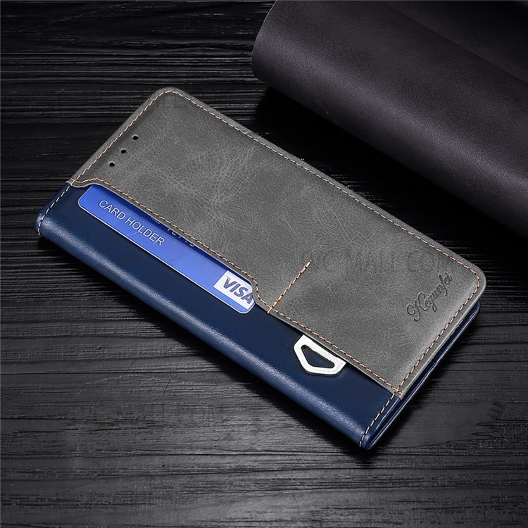 Wallet Style Contrast Color Splicing Retro Texture PU Leather Stand Flip Case for Xiaomi Redmi Note 11 Pro - Blue/Grey-8