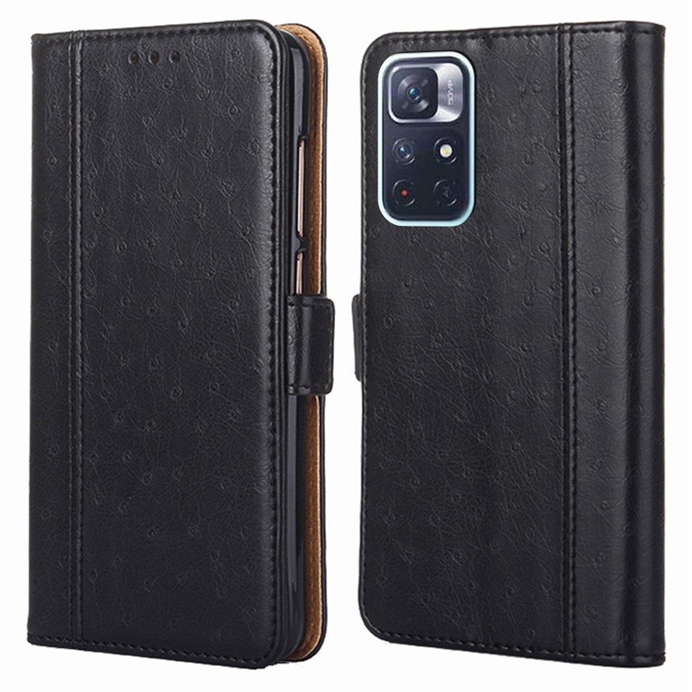 Ostrich Texture Soft PU Leather Flip Folio Wallet Stand Protective Cover for Xiaomi Redmi Note 11 - Black-1