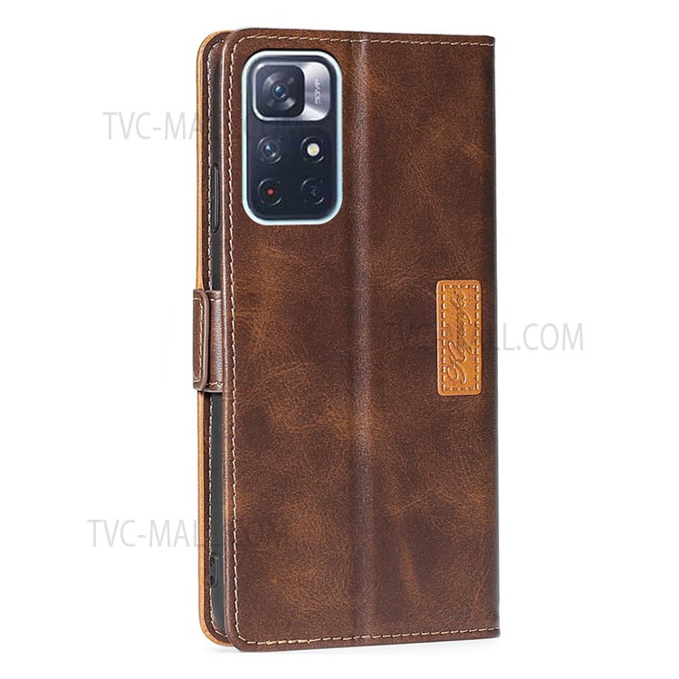 Retro Texture Contrast Color Splicing Horizontal Flip Stand TPU Interior + PU Leather Wallet Phone Case for Xiaomi Redmi Note 11 - Dark Brown/Gold-3