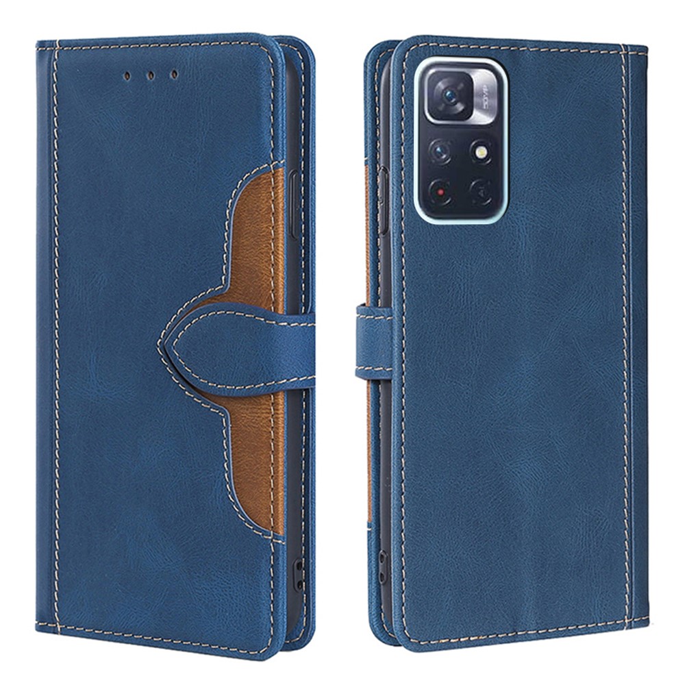 Straw Hat Pattern Design Stand Color Matching PU Leather Wallet Flip Folio Phone Cover for Xiaomi Redmi Note 11 - Blue-1