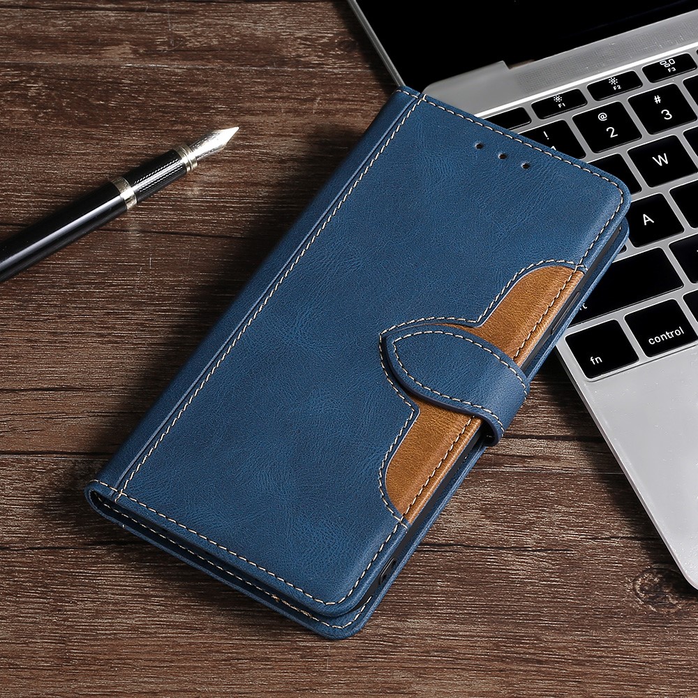 Straw Hat Pattern Design Stand Color Matching PU Leather Wallet Flip Folio Phone Cover for Xiaomi Redmi Note 11 - Blue-7