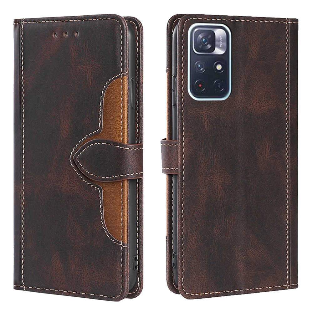 Straw Hat Pattern Design Stand Color Matching PU Leather Wallet Flip Folio Phone Cover for Xiaomi Redmi Note 11 - Brown-1