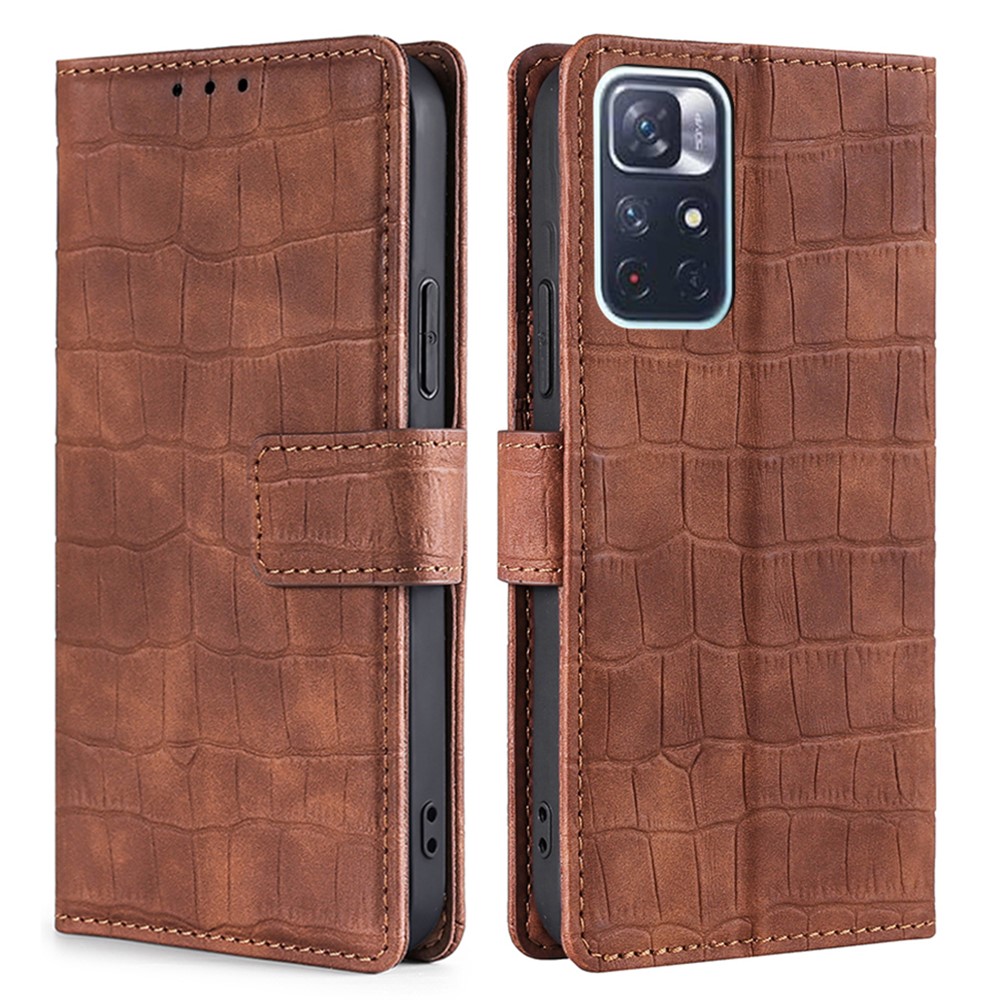 Crocodile Texture PU Leather Wallet Hands-Free Stand Magnetic Shockproof Flip Folio Case for Xiaomi Redmi Note 11 - Brown-1