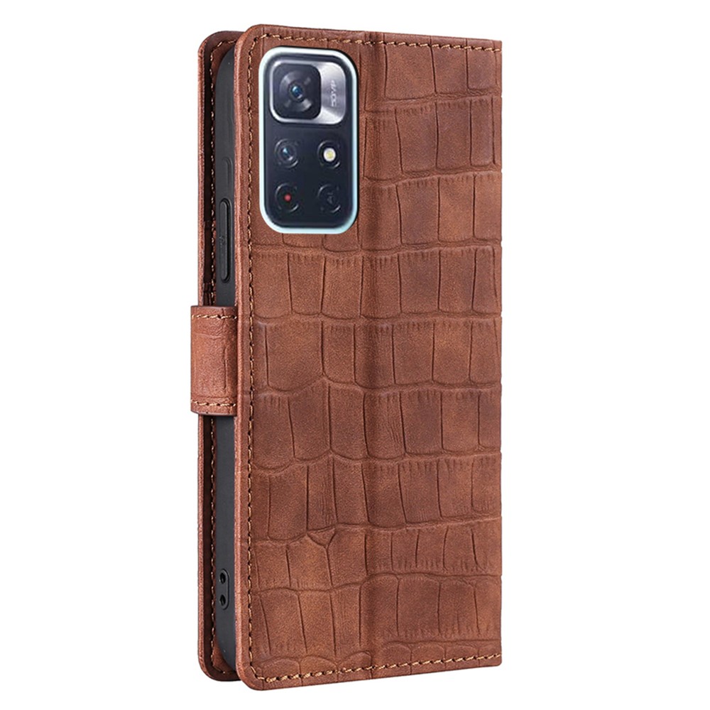 Crocodile Texture PU Leather Wallet Hands-Free Stand Magnetic Shockproof Flip Folio Case for Xiaomi Redmi Note 11 - Brown-3