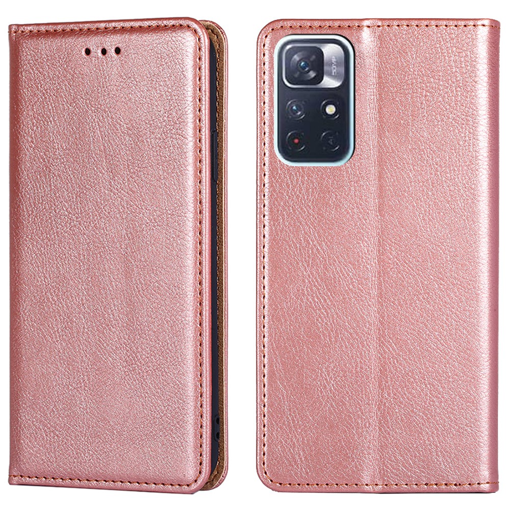 Solid Color Magnetic Auto-absorbed Stylish Anti-drop PU Leather Phone Cover Case with Wallet Stand for Xiaomi Redmi Note 11 - Rose Gold-1