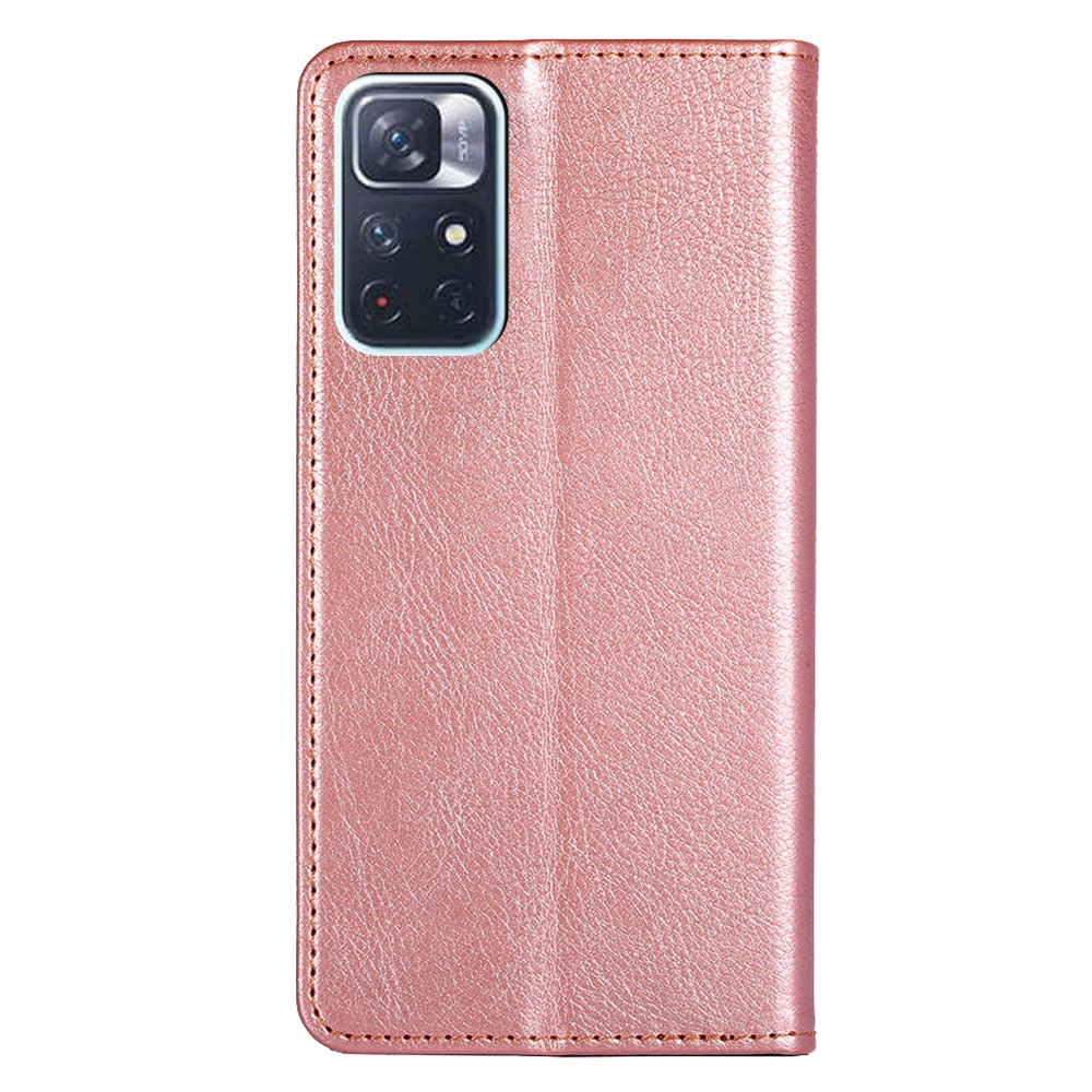 Solid Color Magnetic Auto-absorbed Stylish Anti-drop PU Leather Phone Cover Case with Wallet Stand for Xiaomi Redmi Note 11 - Rose Gold-3