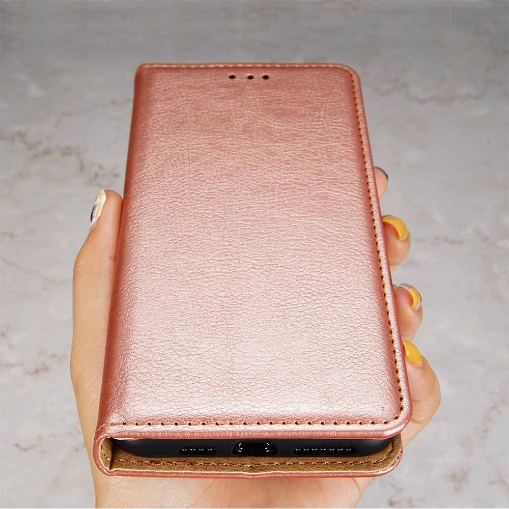 Solid Color Magnetic Auto-absorbed Stylish Anti-drop PU Leather Phone Cover Case with Wallet Stand for Xiaomi Redmi Note 11 - Rose Gold-7