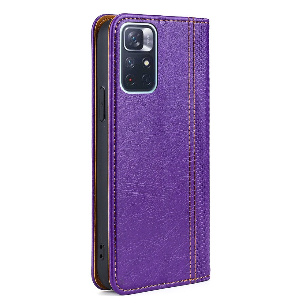 Stand Plaid Pattern Splicing PU Leather Magnetic Absorption Shockproof Protective Case with Card Slot for Xiaomi Redmi Note 11 - Purple-3