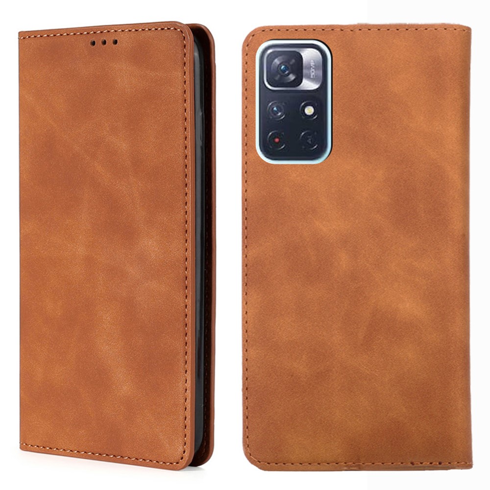 Cards Holder Design Magnetic Absorption Skin-touch PU Leather Stand Folio Flip Cover for Xiaomi Redmi Note 11 - Light Brown-1