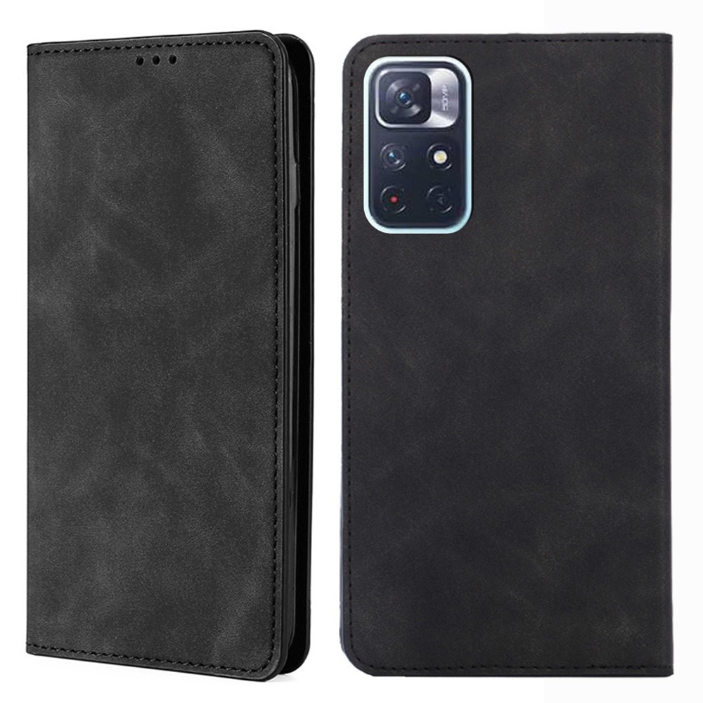 Cards Holder Design Magnetic Absorption Skin-touch PU Leather Stand Folio Flip Cover for Xiaomi Redmi Note 11 - Black-1