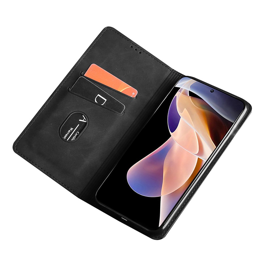 Cards Holder Design Magnetic Absorption Skin-touch PU Leather Stand Folio Flip Cover for Xiaomi Redmi Note 11 - Black-5