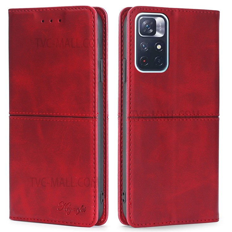 Card Slots Design Anti-fall Magnetic Closing Leather Phone Well-protected Stand Cover Case for Xiaomi Redmi Note 11 - Red-1