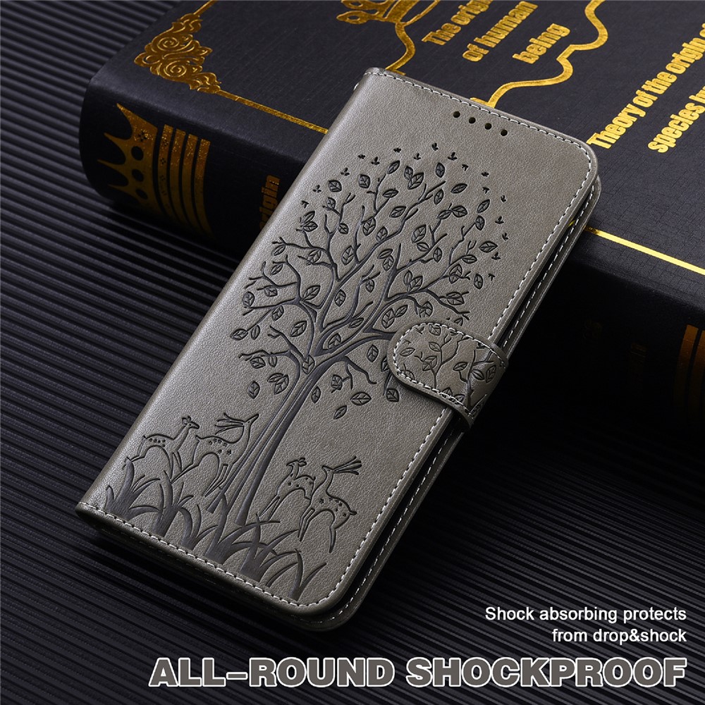 Imprinted Elk and Tree Pattern Wallet Leather Phone Case Anti-scratch Stand Shell for Xiaomi Redmi Note 10 Lite - Grey-6