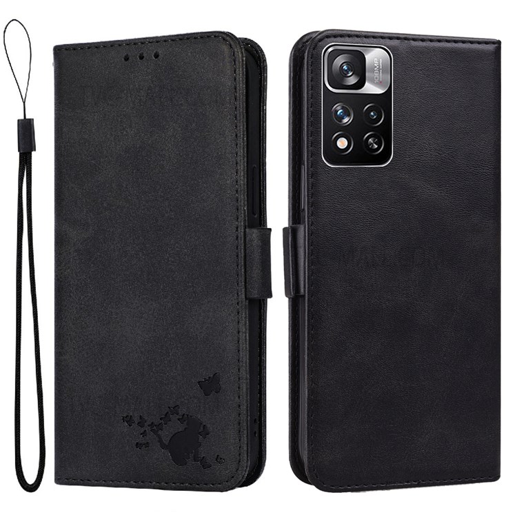 Cat and Butterfly Pattern Imprinting PU Leather Flip Wallet Stand Magnetic Case with Strap for Xiaomi Redmi Note 11 Pro Plus / Redmi Note 11 Pro - Black-1