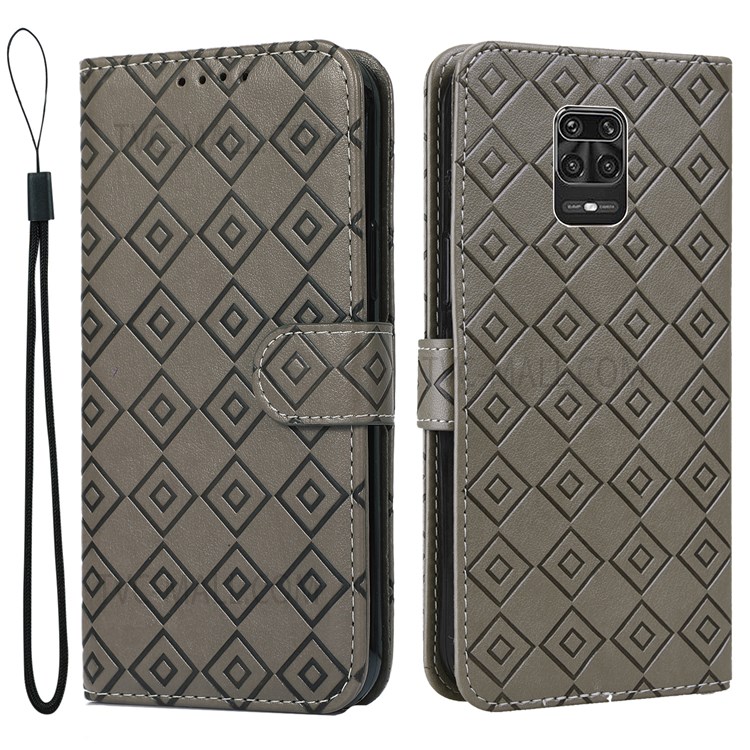 Grid Pattern Imprinted Well-protected Wrist Strap PU Leather Wallet Folio Flip Stand Phone Cover Shell for Xiaomi Redmi Note 10 Lite - Grey-1