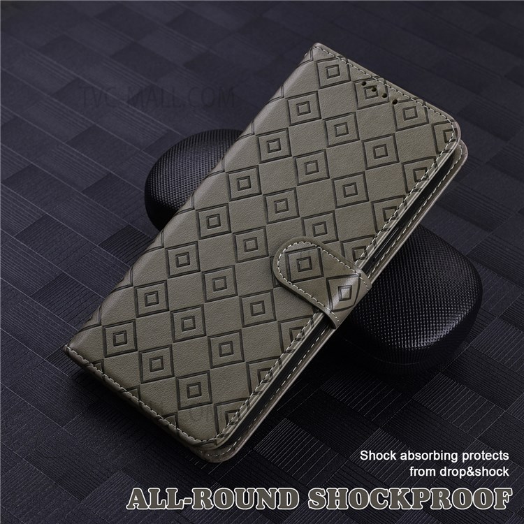 Grid Pattern Imprinted Well-protected Wrist Strap PU Leather Wallet Folio Flip Stand Phone Cover Shell for Xiaomi Redmi Note 10 Lite - Grey-7