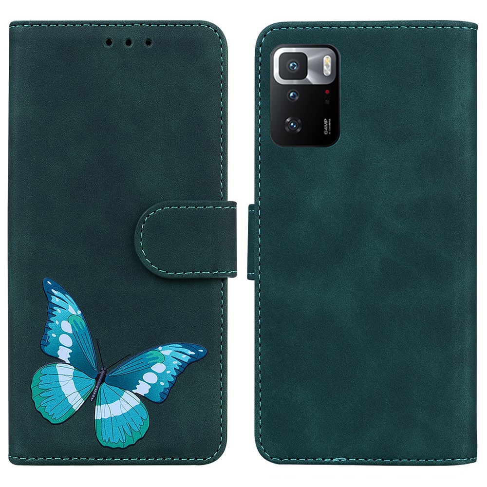 Grand Modèle Papillon Impression Anti-goutte Cutanée À La Peau PU Couverture De Téléphone Portable Portefeuille De Portefeuille Pour Xiaomi Poco X3 GT / RedMI Note 10 PRO 5G (Chine) - Vert