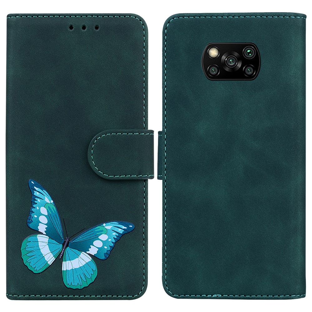 Big Butterfly Pattern Printing Skin-touch PU Leather Fully Wrapped Phone Cover Wallet Stand Shell for Xiaomi Poco X3/Poco X3 Pro/Poco X3 NFC - Green-1