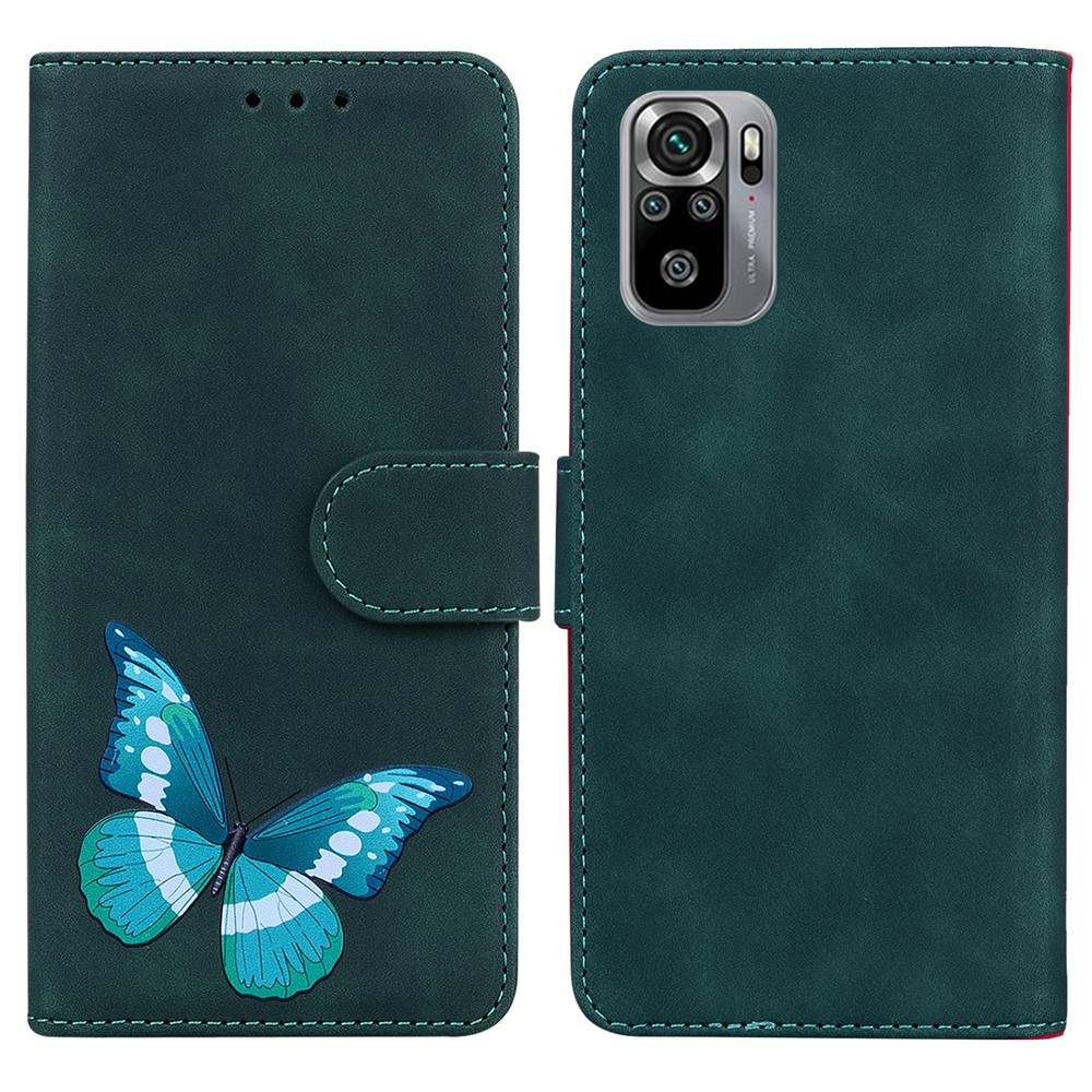 Drop-resistant Big Butterfly Pattern Printing Skin-touch PU Leather Phone Cover Wallet Stand Shell for Xiaomi Redmi Note 10 4G/Note 10S - Green-1