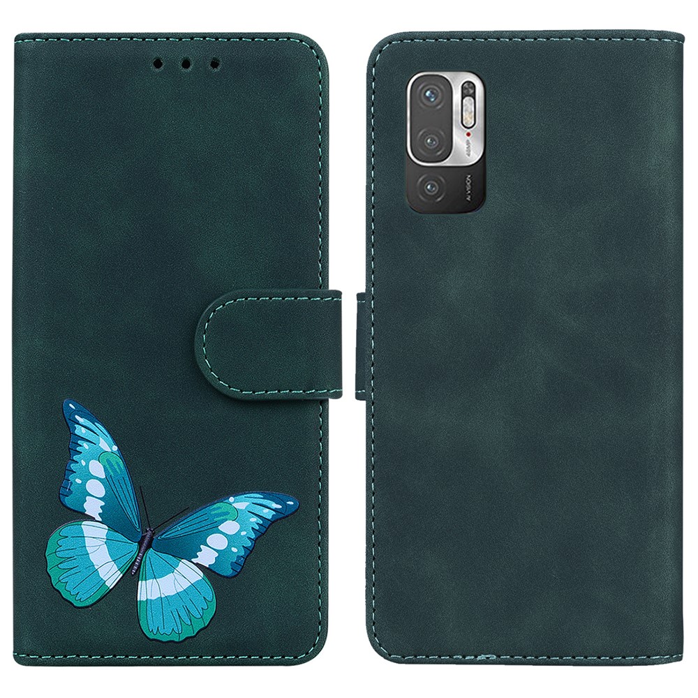 Big Butterfly Pattern Printing Full Protection Skin-touch PU Leather Phone Cover Wallet Stand Shell for Xiaomi Poco M3 Pro 4G/5G/Redmi Note 10 5G/Redmi Note 10T 5G - Green-1