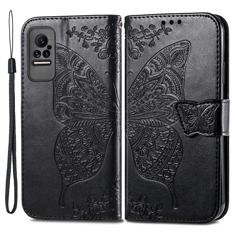 Stand Feature Butterfly Flower Pattern Imprinted PU Leather Wallet Flip Case with Strap for Xiaomi Civi - Black-1