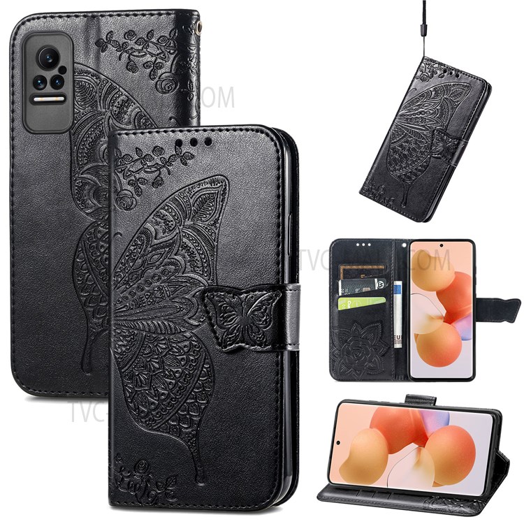Stand Feature Butterfly Flower Pattern Imprinted PU Leather Wallet Flip Case with Strap for Xiaomi Civi - Black-11