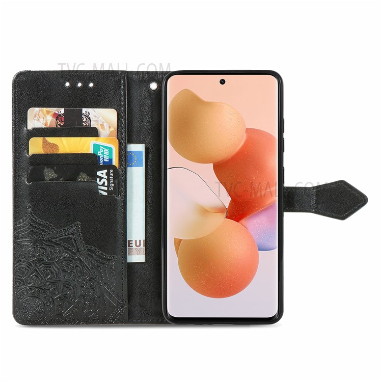 Stand Feature PU Leather Mandala Flower Embossed Wallet Shockproof Cover with Strap for Xiaomi Civi - Black-4