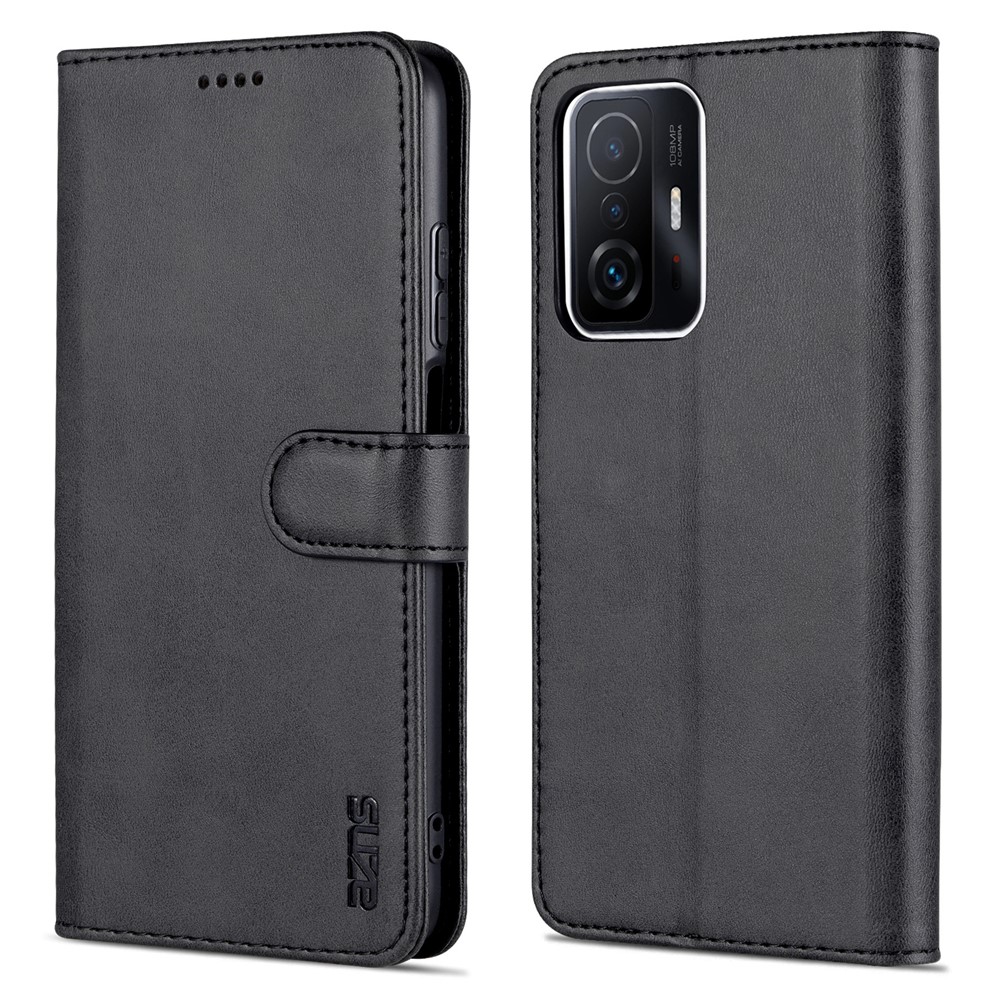 AZNS Premium PU Leather Wallet Stand Magnetic Closure Protective Flip Phone Cover for Xiaomi 11T / 11T Pro - Black-1