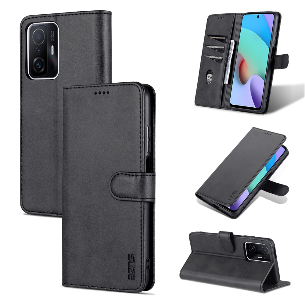 AZNS Premium PU Leather Wallet Stand Magnetic Closure Protective Flip Phone Cover for Xiaomi 11T / 11T Pro - Black-10