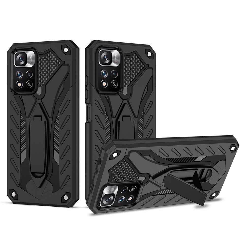 Phantom Knight Series Hard PC Flexible TPU Bumper Anti-scratch Anti-fall Protective Phone Case Shell with Kickstand for Xiaomi Redmi Note 11 Pro - Black-1