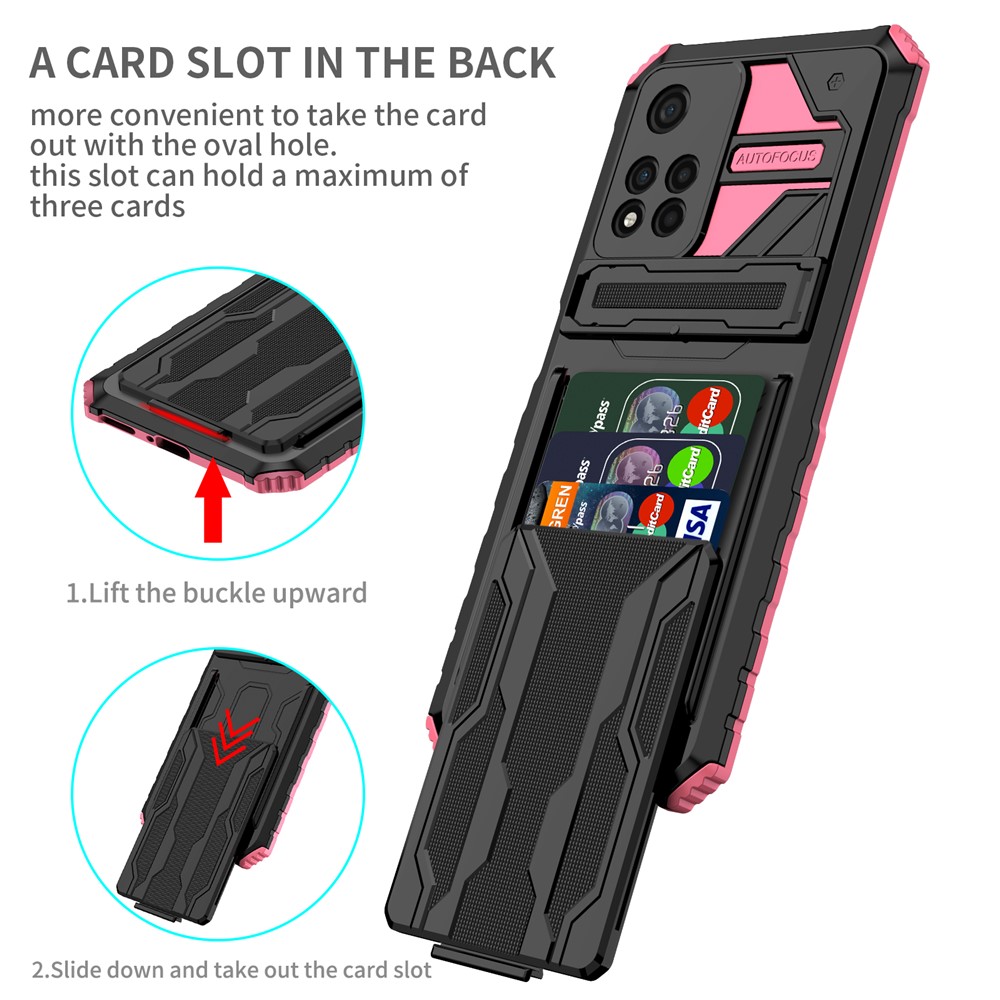 Kickstand Design Élégant Hard PC Hard PC + Soft TPU Hybrid Phone Couverture Avec Porte-plans de Carte Détachable Pour Xiaomi Redmi Note 11 Pro 5G (chine) (mediatek) / Note 11 Pro + 5G - Rose