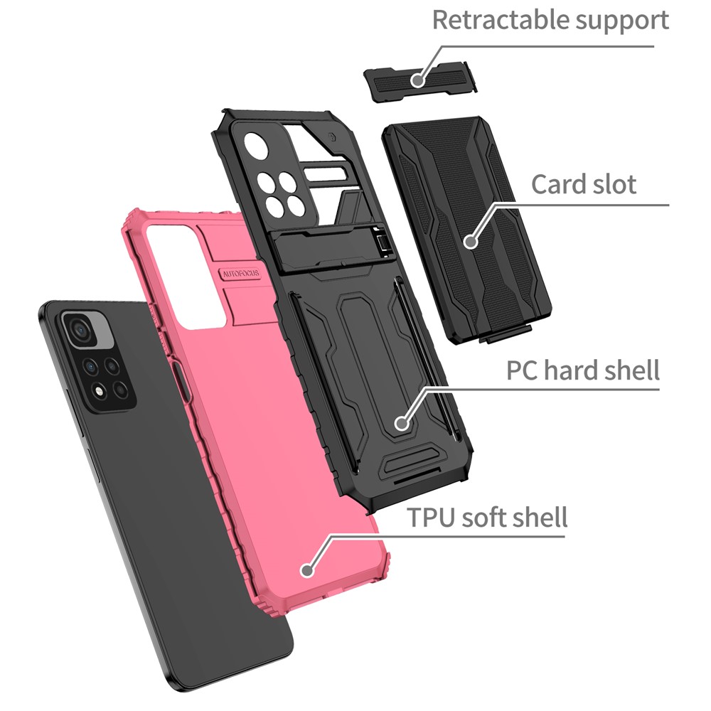 Kickstand Design Stylish Drop-proof Hard PC + Soft TPU Hybrid Phone Cover with Detachable Card Slot Holder for Xiaomi Redmi Note 11 Pro - Pink-6