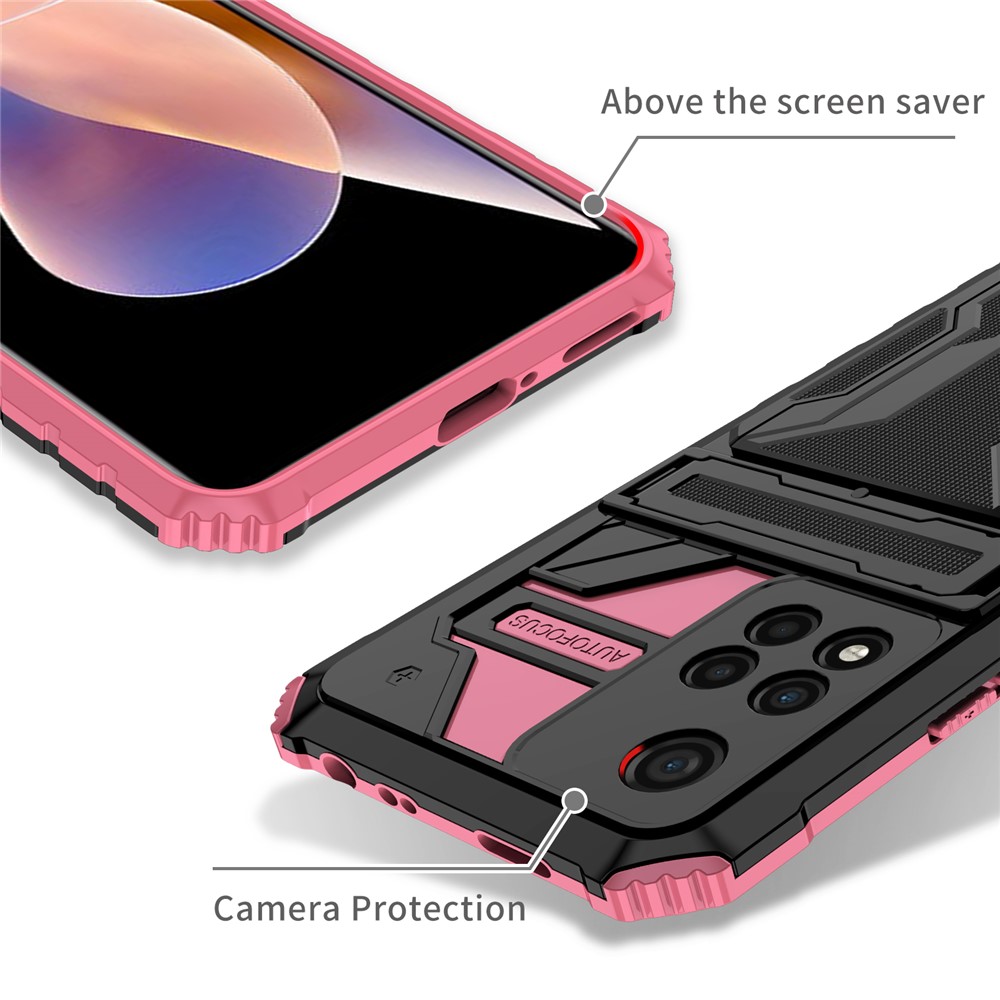 Kickstand Design Stylish Drop-proof Hard PC + Soft TPU Hybrid Phone Cover with Detachable Card Slot Holder for Xiaomi Redmi Note 11 Pro - Pink-7