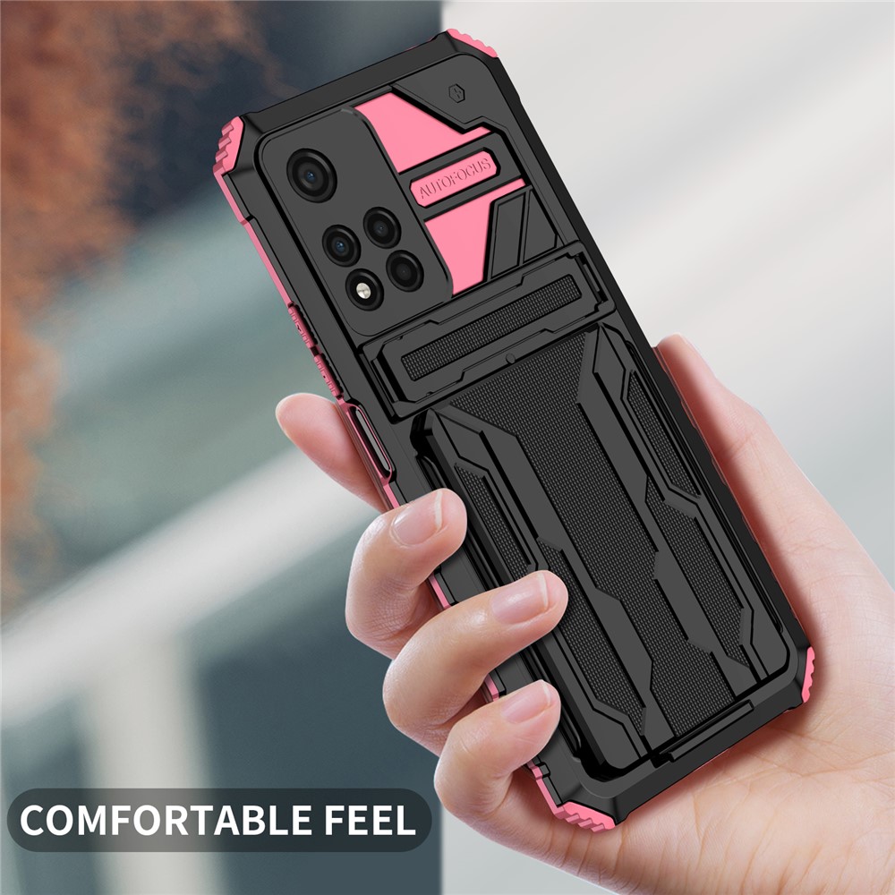 Kickstand Design Stylish Drop-proof Hard PC + Soft TPU Hybrid Phone Cover with Detachable Card Slot Holder for Xiaomi Redmi Note 11 Pro - Pink-8