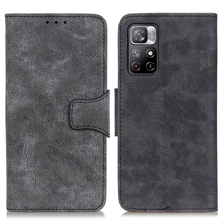 Retro Style Split Leather Magnetic Closure Phone Shell Folio Flip Stand Wallet Case for Xiaomi Redmi Note 11/Xiaomi Poco M4 Pro 5G - Grey-1