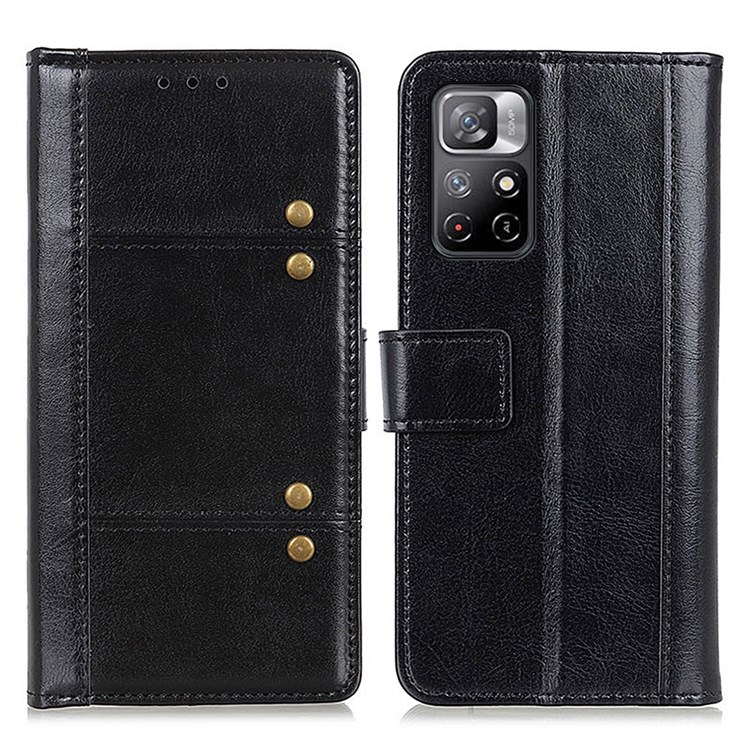 Crazy Horse Texture Rivet Decor Leather Stand Cover Folio Flip Phone Case with Wallet for Xiaomi Redmi Note 11/Xiaomi Poco M4 Pro 5G - Black-1