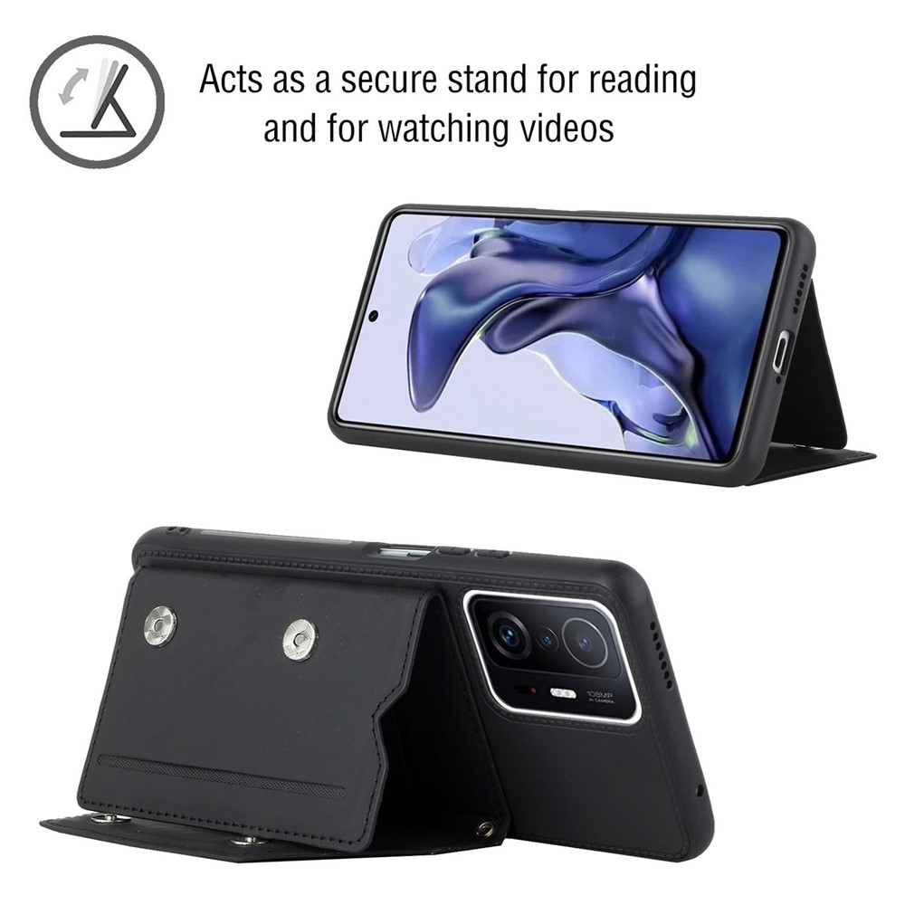 Skin-touch Feel Kickstand Magnetic Buttons Card Holder Design PU Leather Coated Protective Phone Cover for Xiaomi 11T/11T Pro - Black-2