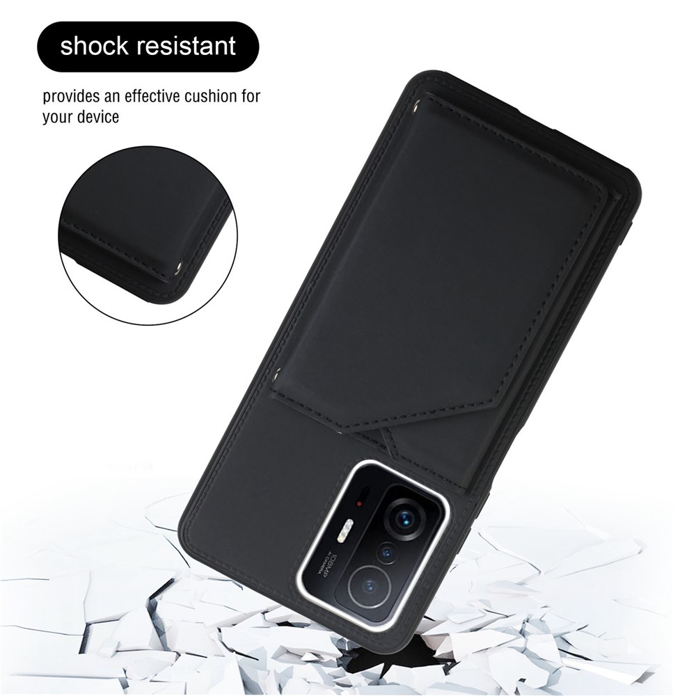 Skin-touch Feel Kickstand Magnetic Buttons Card Holder Design PU Leather Coated Protective Phone Cover for Xiaomi 11T/11T Pro - Black-3