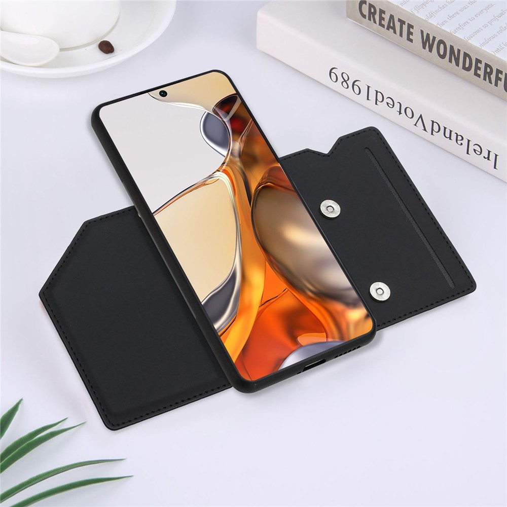 Skin-touch Feel Kickstand Magnetic Buttons Card Holder Design PU Leather Coated Protective Phone Cover for Xiaomi 11T/11T Pro - Black-5