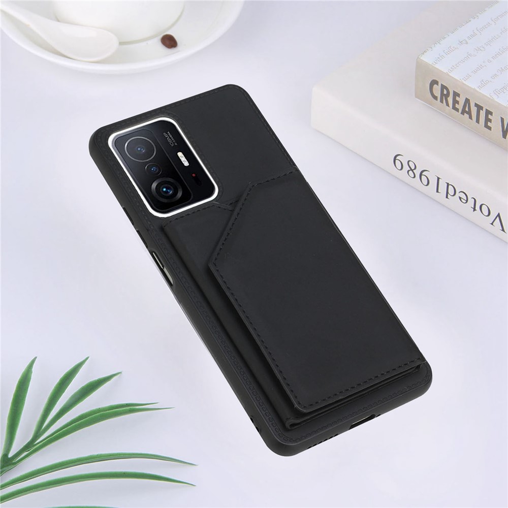 Skin-touch Feel Kickstand Magnetic Buttons Card Holder Design PU Leather Coated Protective Phone Cover for Xiaomi 11T/11T Pro - Black-6