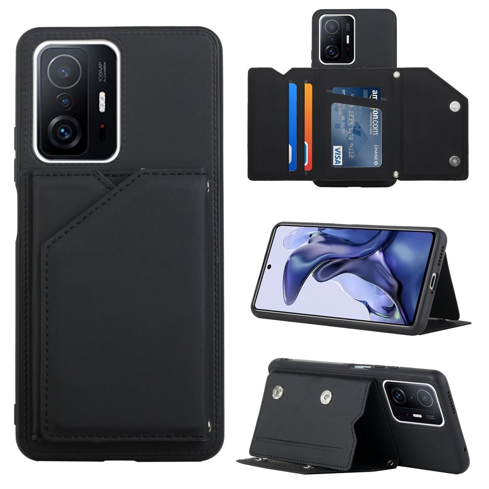 Skin-touch Feel Kickstand Magnetic Buttons Card Holder Design PU Leather Coated Protective Phone Cover for Xiaomi 11T/11T Pro - Black-8
