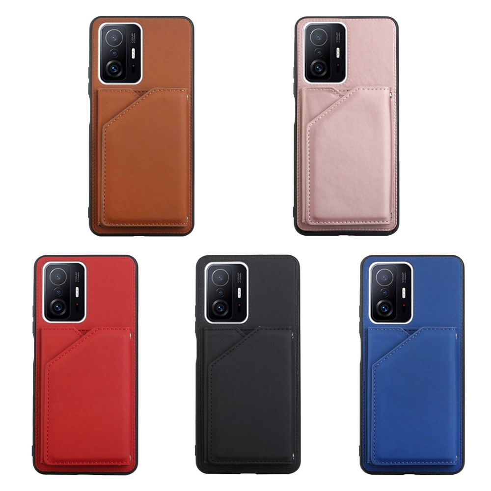 Skin-touch Feel Kickstand Magnetic Buttons Card Holder Design PU Leather Coated Protective Phone Cover for Xiaomi 11T/11T Pro - Black-9