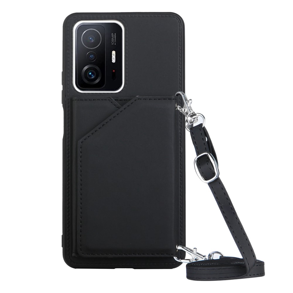 Multiple Card Slots Kickstand Anti-fall Solid Color PU Leather + TPU Phone Cover Shell with Shoulder Strap for Xiaomi 11T/11T Pro - Black-1